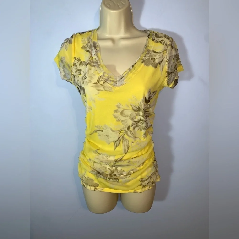 INC Floral Yellow tan gray V-Neck sheer mesh Y2K Women's short sleeve blouse